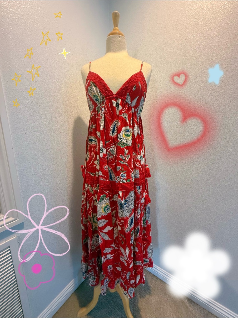Red Floral Tiered Maxi Dress with Spaghetti Straps